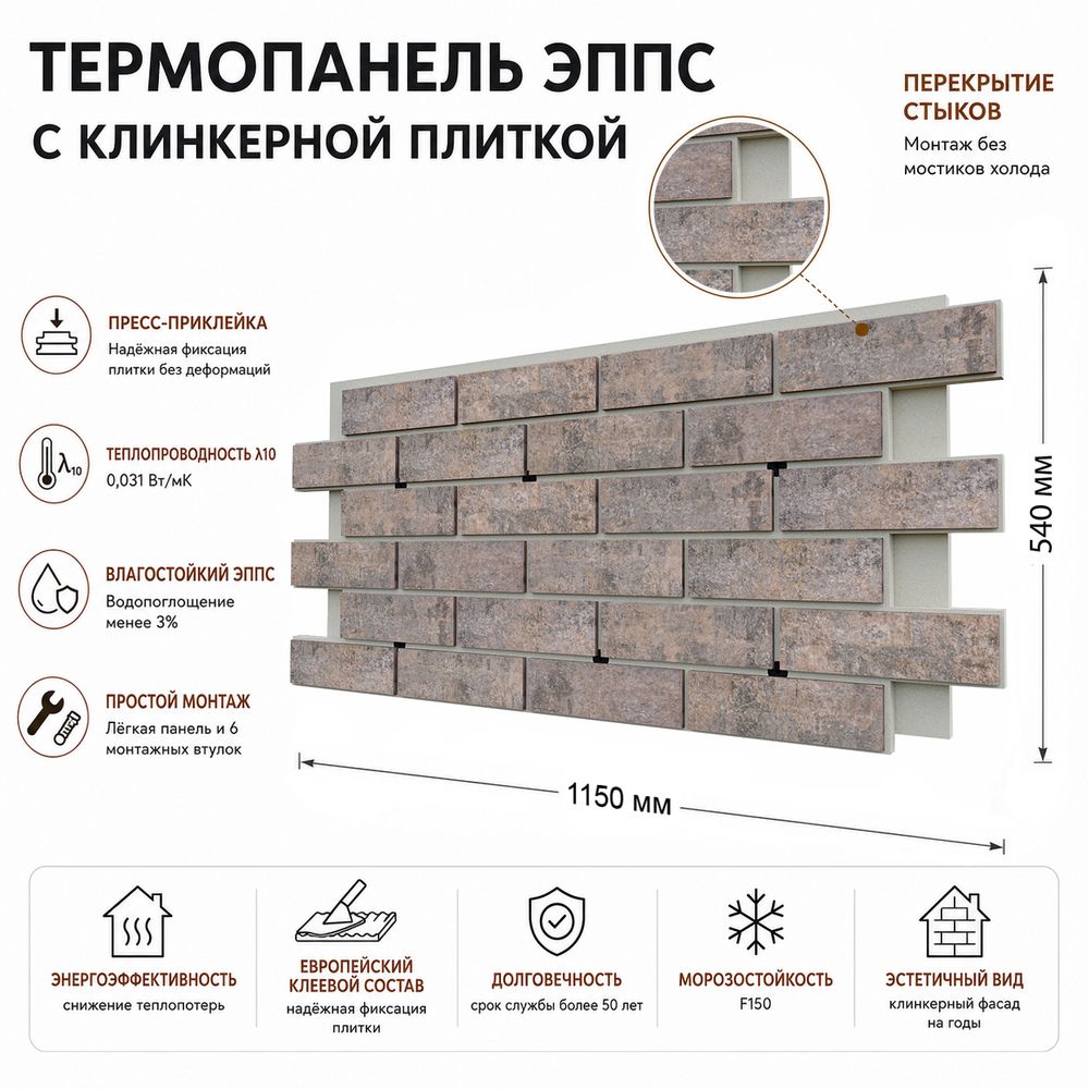 Клинкерная фасадная термопанель ЭППС Береза Керамика Брик Уолл Табачный 1150x540