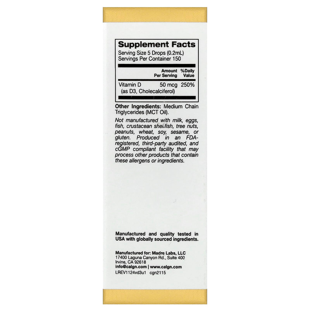 California Gold Nutrition, витамин D3, с нейтральным вкусом, 50 мкг (2000 МЕ), 30 мл (1 жидк. унция)