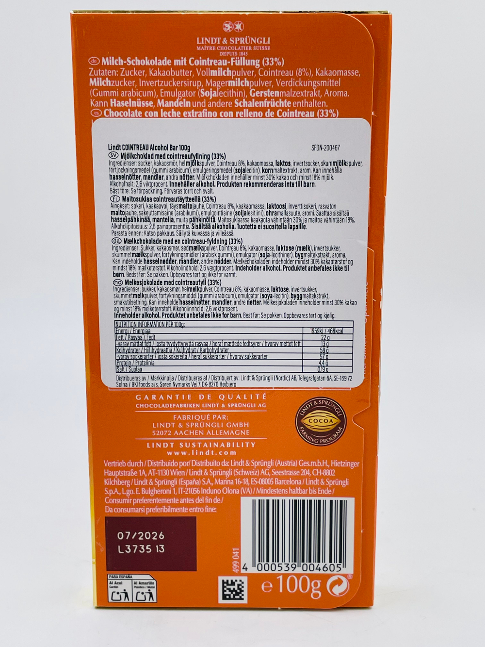 Молочный шоколад Lindt Cointreau Liquor Ликер Куантро 100 г (Из Финляндии)