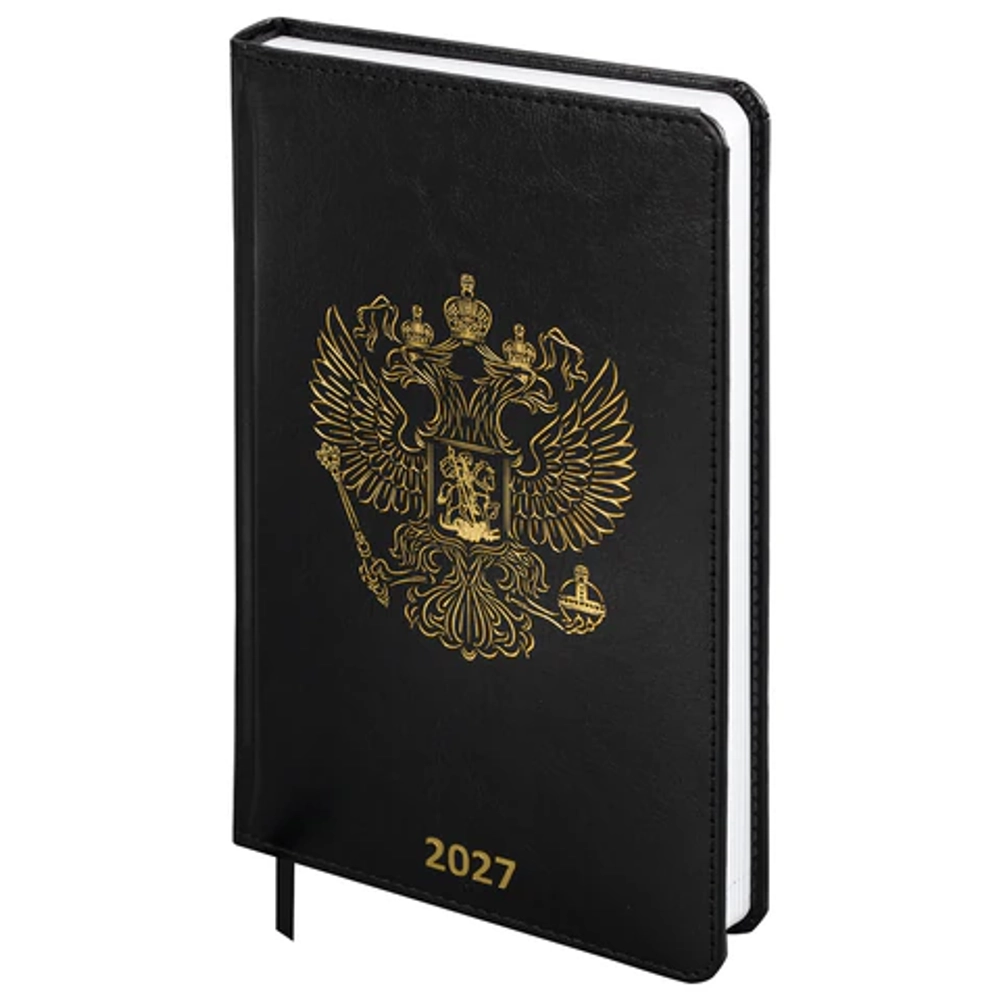 Ежедневник датированный 2027 А5 138х213мм BRAUBERG State, под кожу, черный,