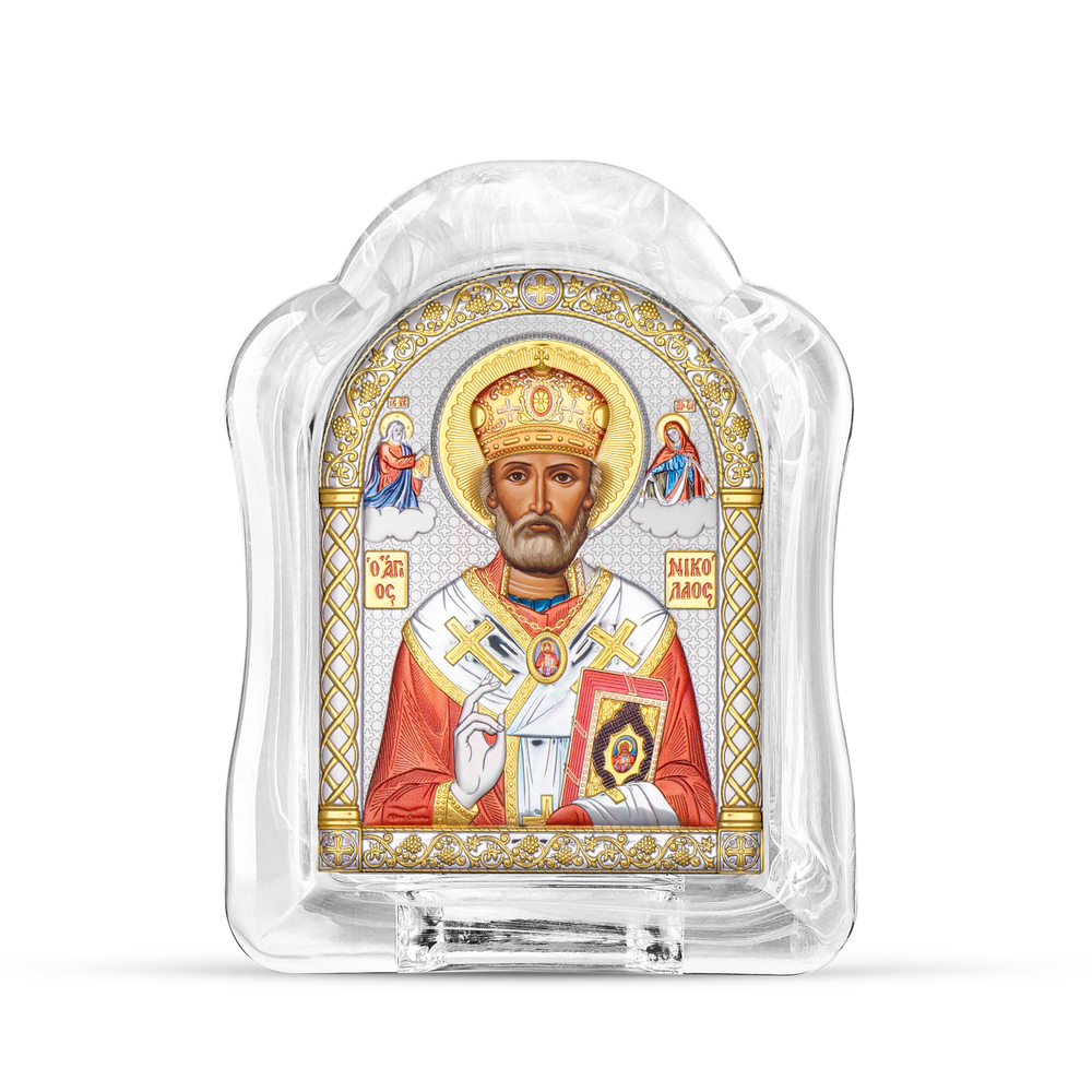 Николай Чудотворец, икона арочная, белое муранское стекло, эмаль 103х147