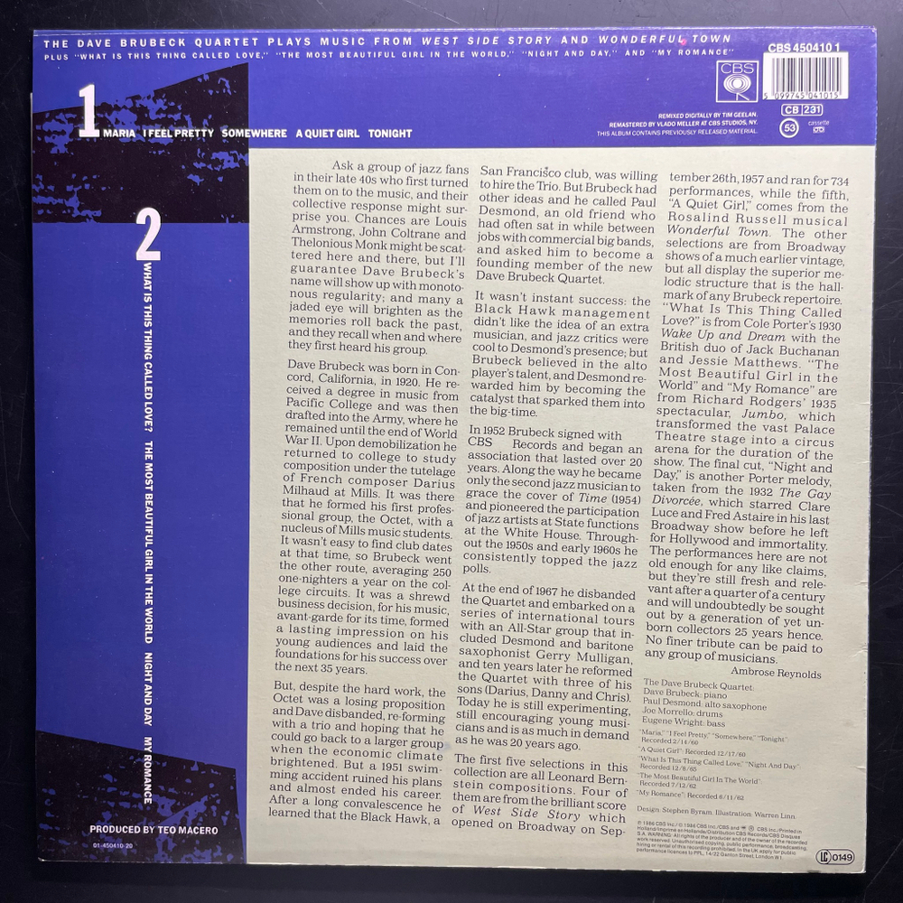 The Dave Brubeck Quartet ‎– Plays Music From West Side Story And (Голландия 1986г.)