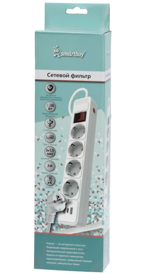 Сетевой фильтр c USB+Type C, 16А, 4 гнезда, c з/ш, с з/к, ПВС, 3 м, белый (SBSP-30C-W)