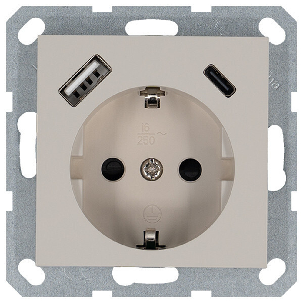 Розетка SCHUKO© с USB A+C с защитными шторками 16A 250V~ 2P+T USB 25W, цвет Тауп