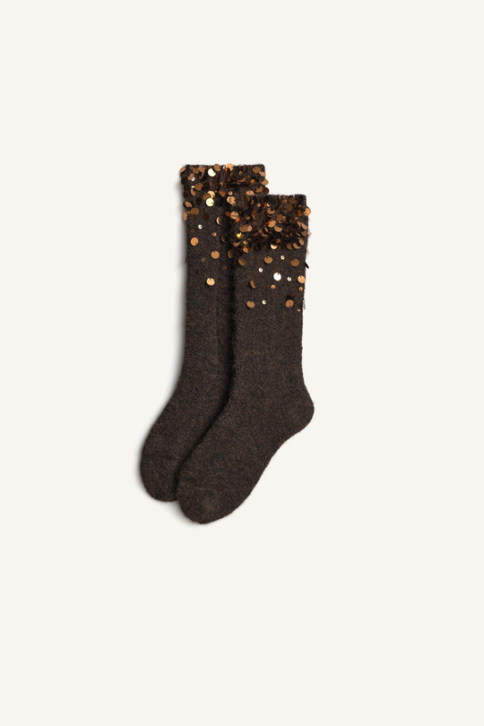 ZARA ОДНОТОННЫЕ НОСКИ С ПАЙЕТКАМИ - LIMITED EDITION, КОРИЧНЕВЫЙ