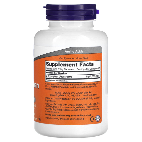 NOW Foods, L-триптофан, 500 мг, 120 вегетарианских капсул