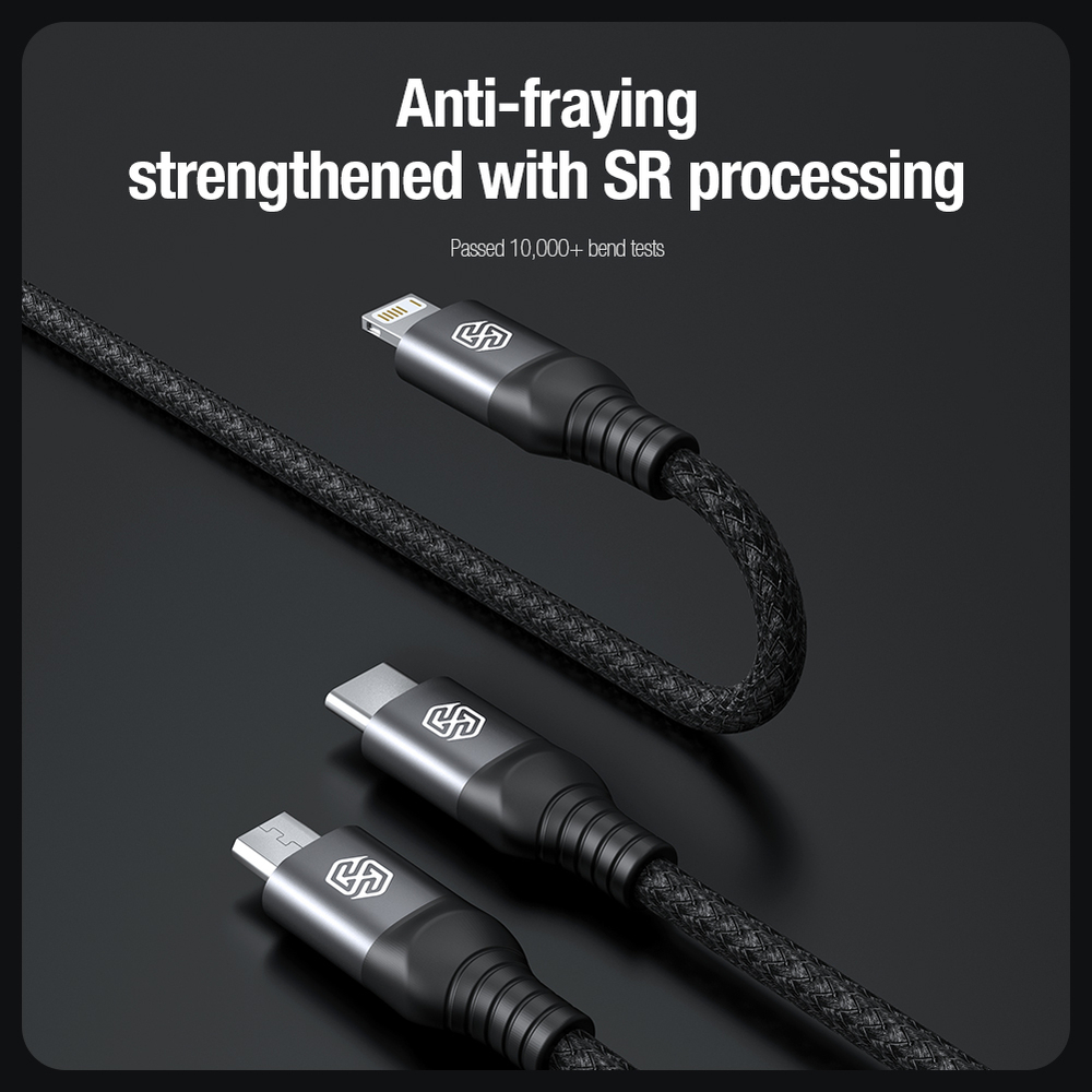Кабель 3 в 1 в тканевой оплетке черного цвета от Nillkin с разъемами Type C, Lightning и Micro USB, серия Swift Pro, длина 1,5м