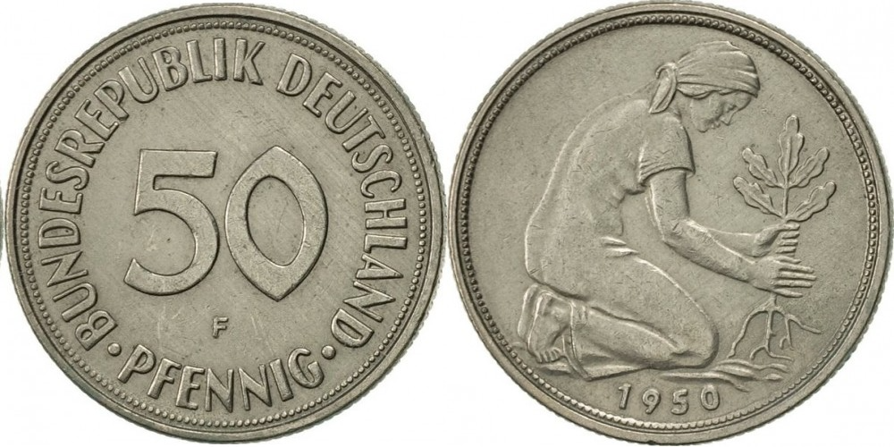 Германия - ФРГ 50 пфеннигов, 1950 F Посадка деревьев XF