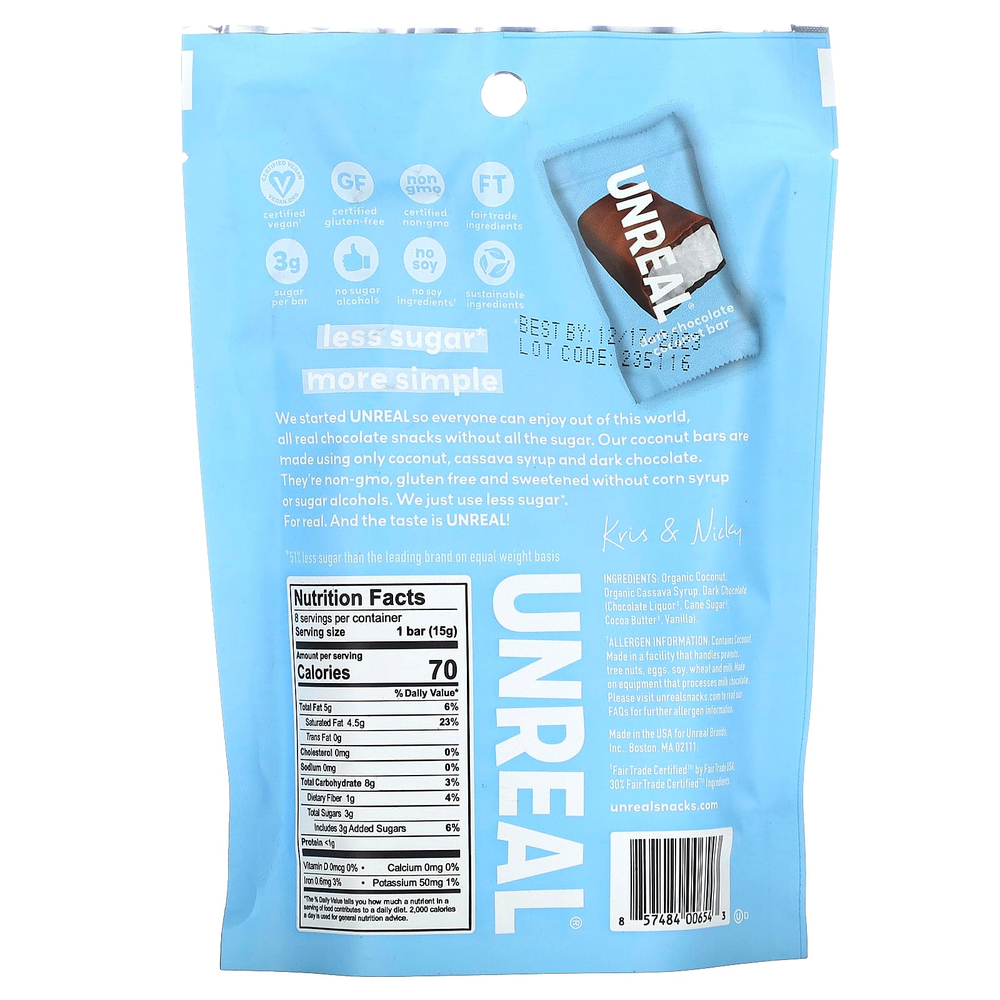 Unreal, Кокосовые батончики из темного шоколада, 120 г (4,2 унции)