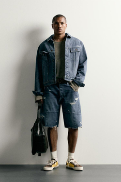 ZARA ДЖИНСОВЫЕ ШОРТЫ BAGGY FIT СО ШВАМИ, СИНИЙ