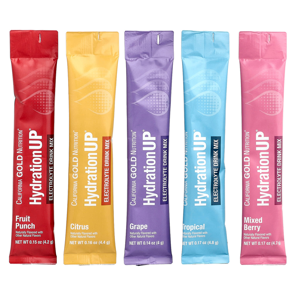 California Gold Nutrition, HydrationUP®, смесь для приготовления напитка с электролитами, с лактатом кальция, витаминами C и E, ассорти вкусов, 20 пакетиков по 4–4,8 г (0,14–0,17 унции)