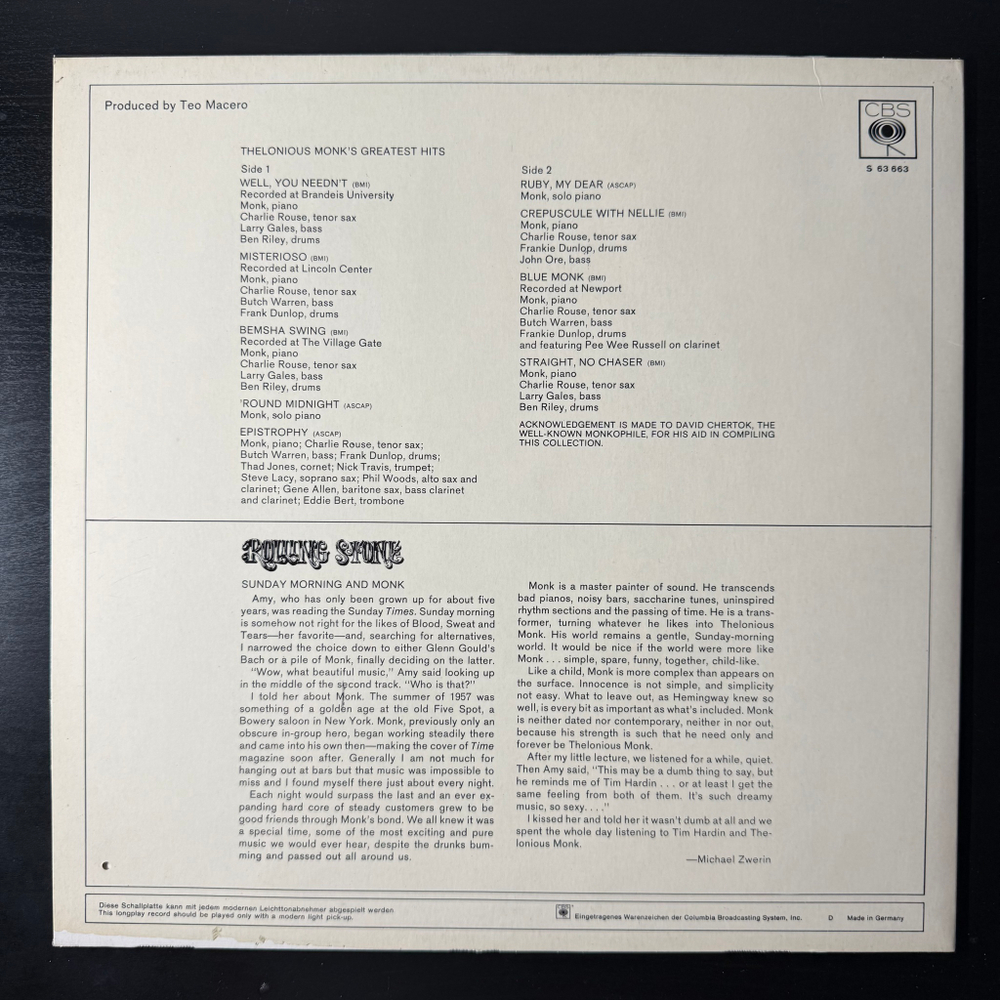 Thelonious Monk ‎– Monk's Greatest Hits (Германия 1969г.)