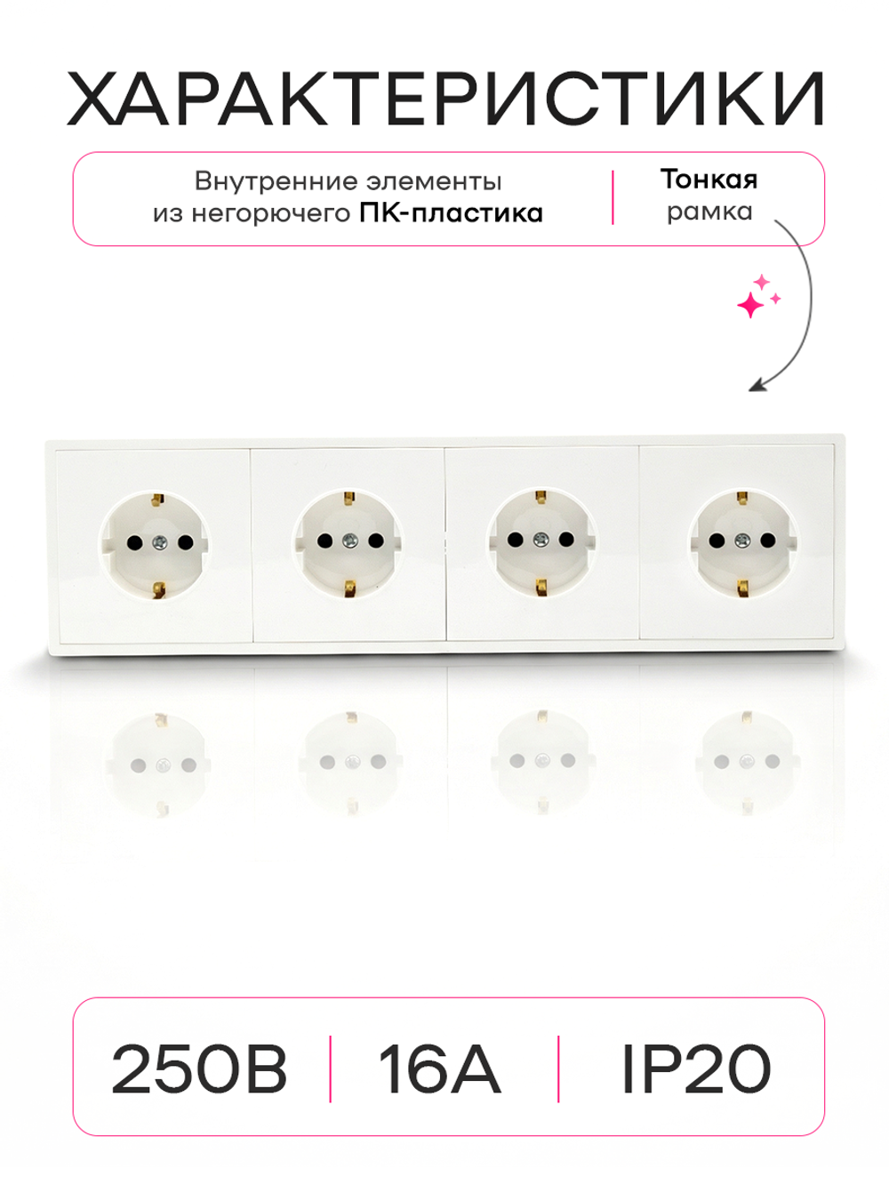 Розетка внутренняя четверная с заземлением белая