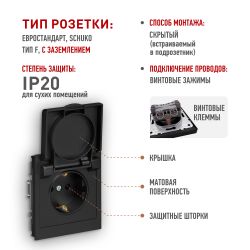 Розетка ЭРА Arktik 16-2103-05 с заземлением 2P+E Schuko со шторками с крышкой 16А-250В антрацит | Эра Arktik