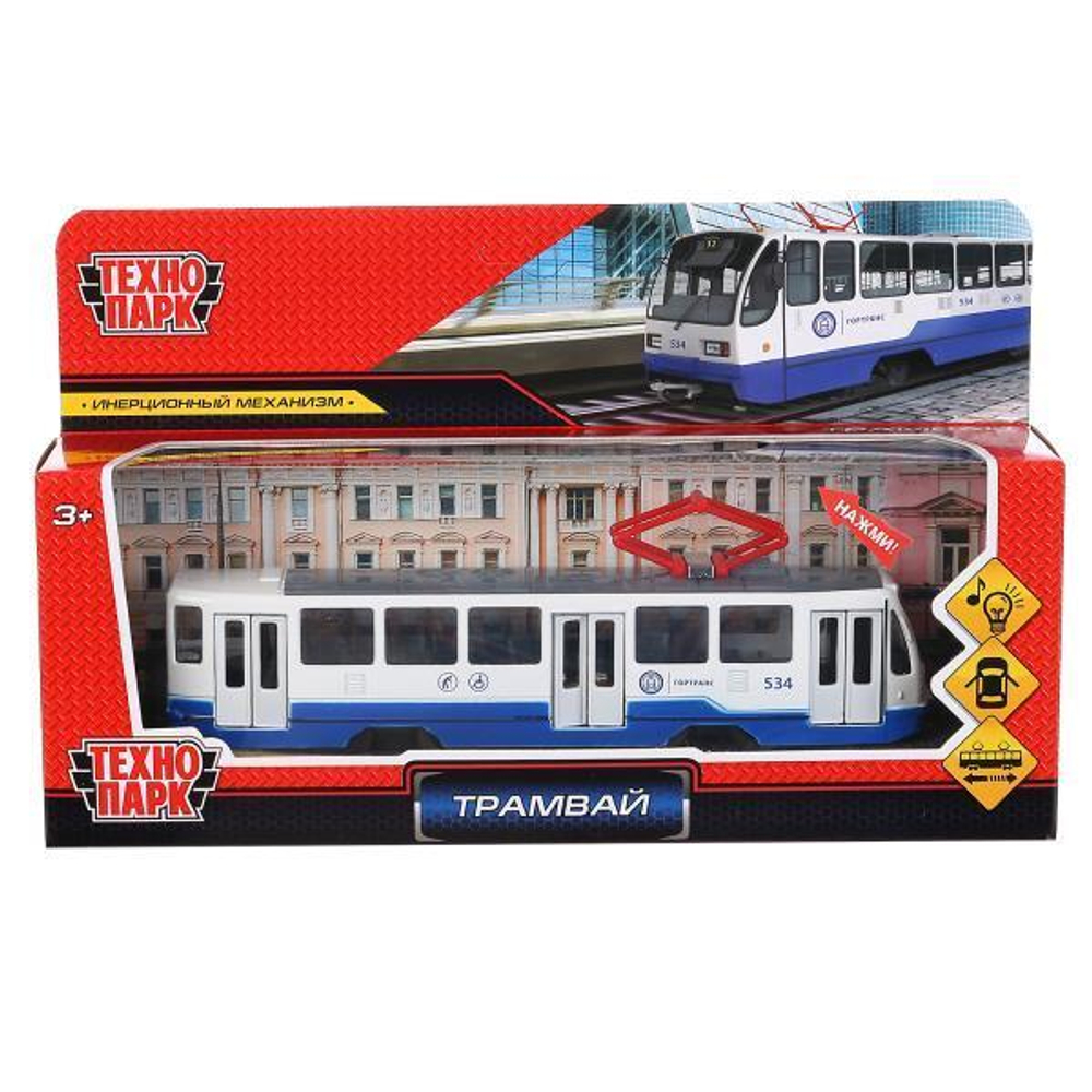 Модель ин. мет. "Трамвай" 18,5см, свет-звук, двери, бел, коробка TRAM71403-18SL-BUWH (Технопарк)
