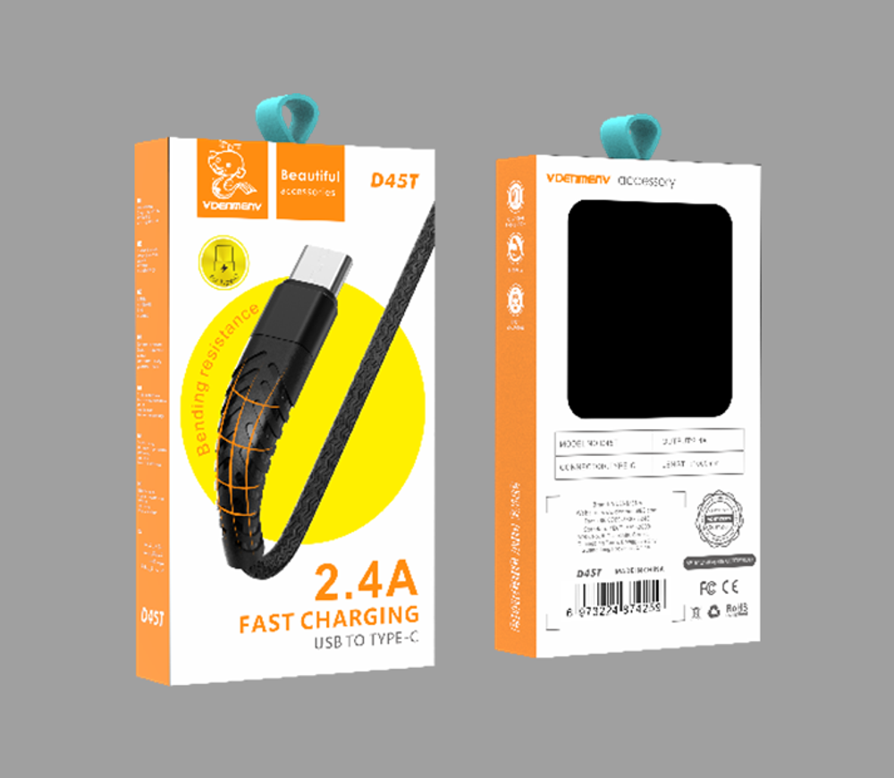 Кабель DENMEN D45T USB-Type-C 2.4A 1м Nylon Black