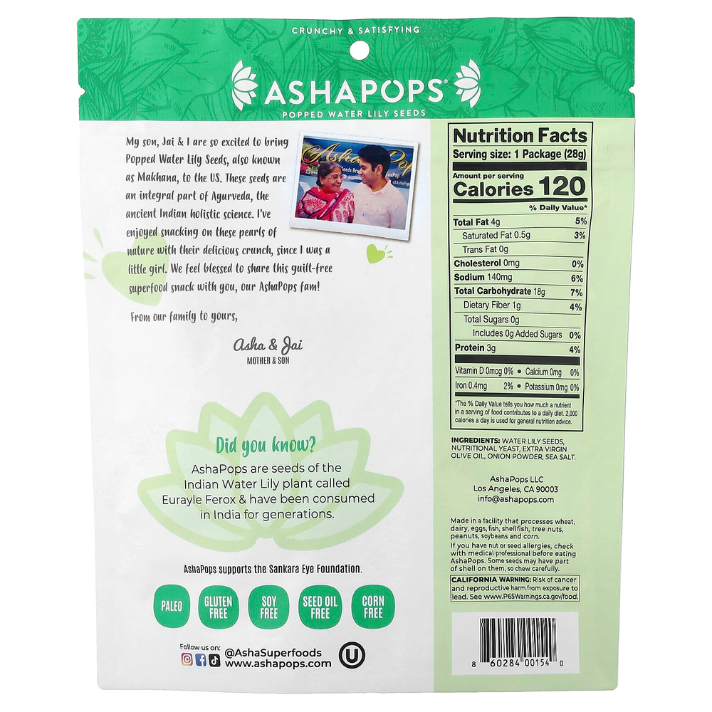 AshaPops, Popped Water Lily Seeds, веганский сыр, 28 г (1 унция)