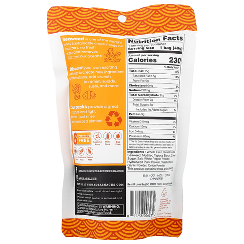 Nora Snacks, снеки с морскими водорослями, темпура, оригинальный вкус, 40 г (1,41 унции)