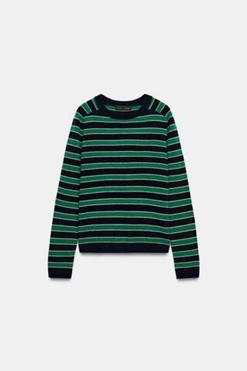 ZARA СВИТЕР В ПОЛОСКУ ИЗ 100% ШЕРСТИ, ЗЕЛЕНАЯ ПОЛОСА