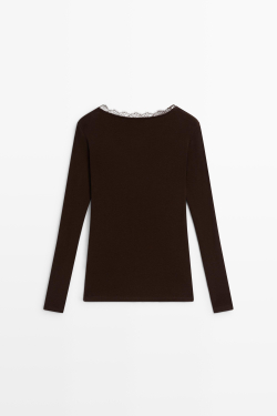 Massimo Dutti Футболка с длинными рукавами в бельевом стиле, коричневый