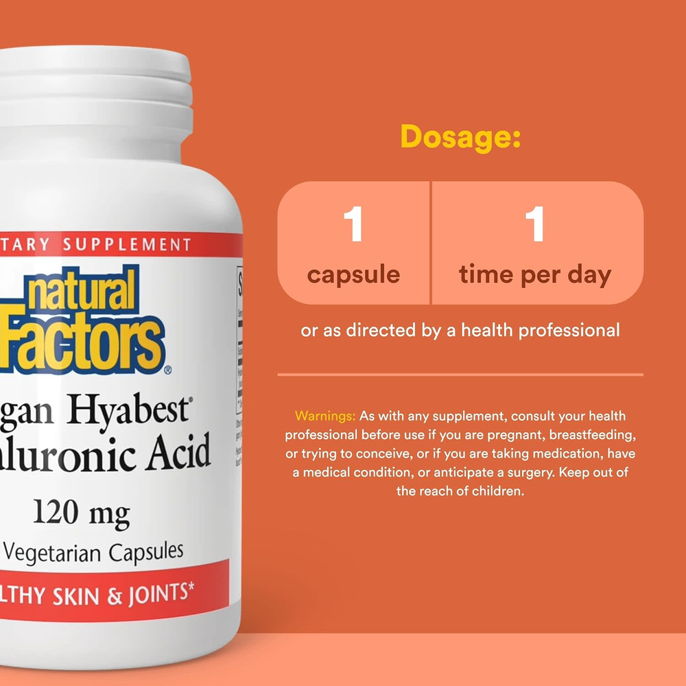 Natural Factors, Vegan Hyabest, гиалуроновая кислота, 120 мг, 60 вегетарианских капсул