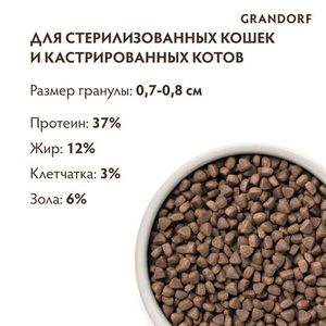 Сухой корм Grandorf CAT Rabbit&Turkey STERILISED для стерилизованных кошек, кролик с индейкой