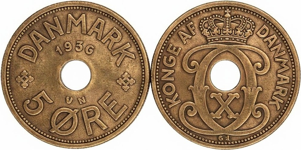Дания 5 эре, 1936 Король Кристиан X XF