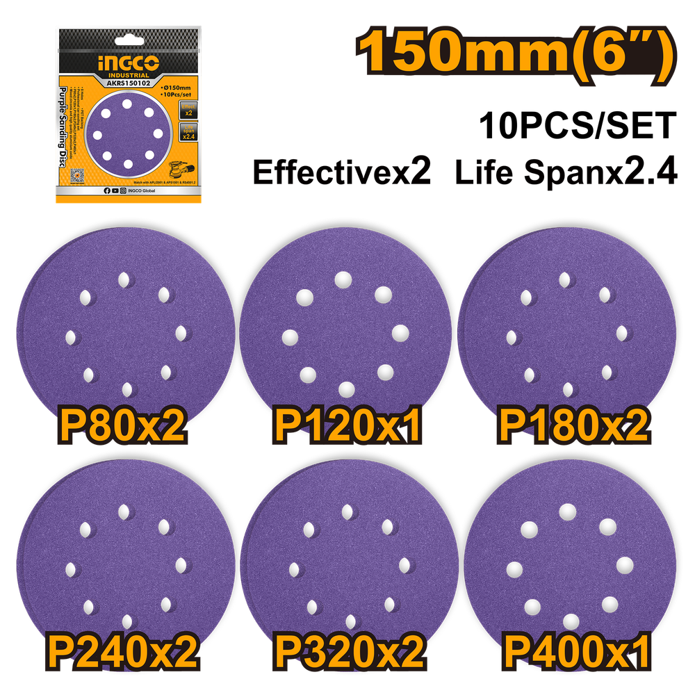 Набор шлифовальных кругов INGCO AKRS150102 INDUSTRIAL 150 мм 10 шт. Р80-400 8 отв. Набор шлифовальных кругов INGCO AKRS150102 INDUSTRIAL 150 мм 10 шт. Р80-400 8 отв.