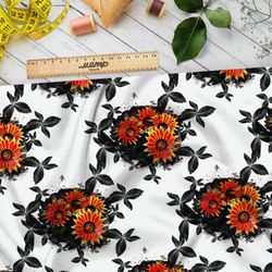 Ткань лен цветы с черными листиками