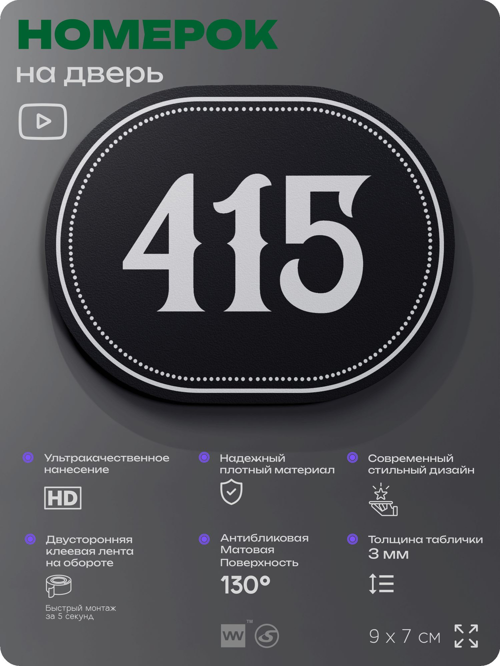 Номерок на дверь квартиры 415, для кабинета, офиса, шильдик 9 х 7 см, черный, Айдентика Технолоджи