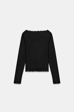 ZARA ТОП С КРУЖЕВНЫМ ВЫРЕЗОМ ЛОДОЧКОЙ, ЧЕРНЫЙ