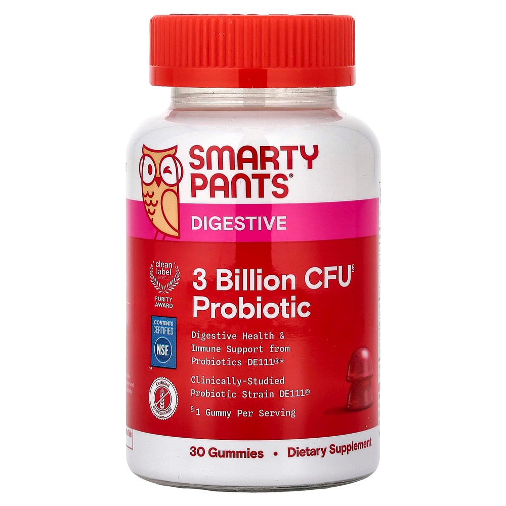 SmartyPants, Digestive, жевательные таблетки с пробиотиками, со вкусом клубники, 30 жевательных таблеток
