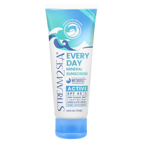 Stream2Sea, Ежедневное минеральное солнцезащитное средство, активное, SPF 45, 75 мл (2,5 жидк. унц.)