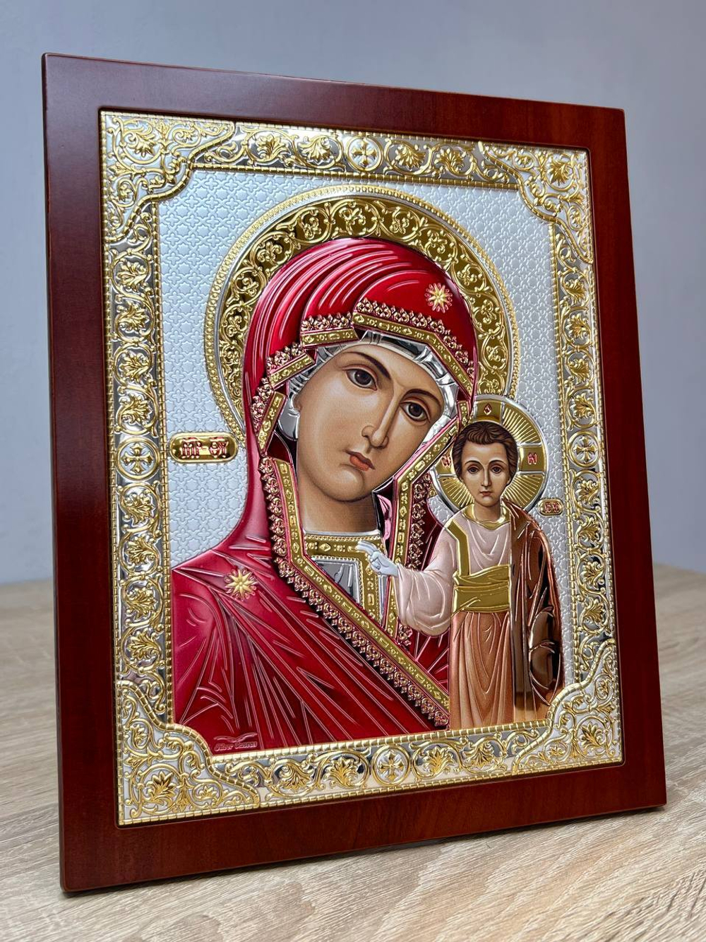 Казанская БМ, икона прямоугольная с рамкой, красное дерево, эмаль 150х190