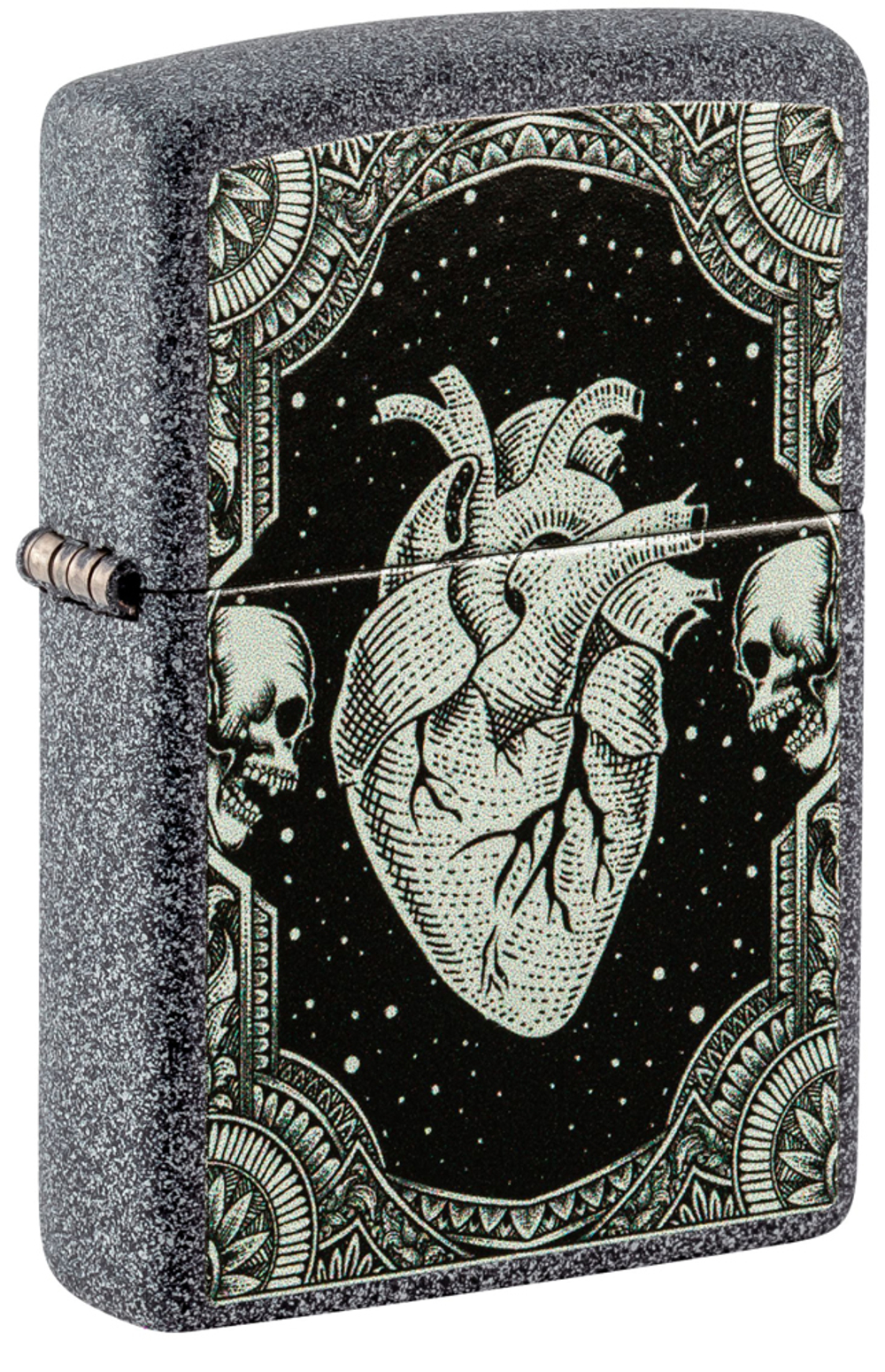 Зажигалка Zippo Heart Design с покрытием Iron Stone, латунь/сталь, серая, 38x13x57 мм