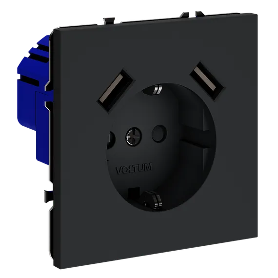 Розетка с заземлением и защитными шторками, с USB, A+A Voltum S70 Графит VLS040407