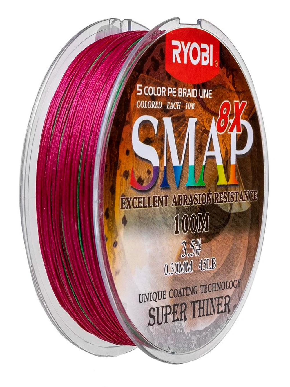 Шнур плетеный для рыбалки Ryobi SMAP PE8X-100M Multi Colour 6.0# 0,405мм