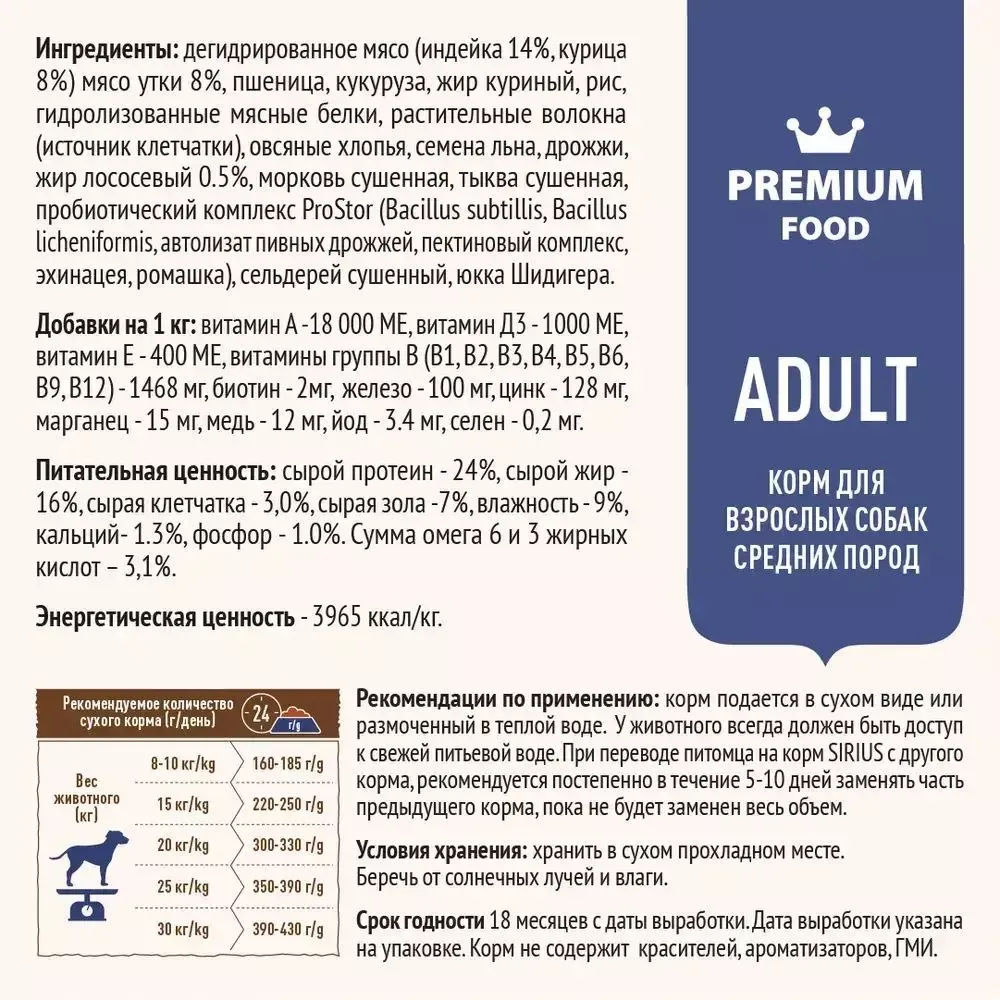 Сухой корм Sirius для взрослых собак средних пород, индейка и утка с овощами