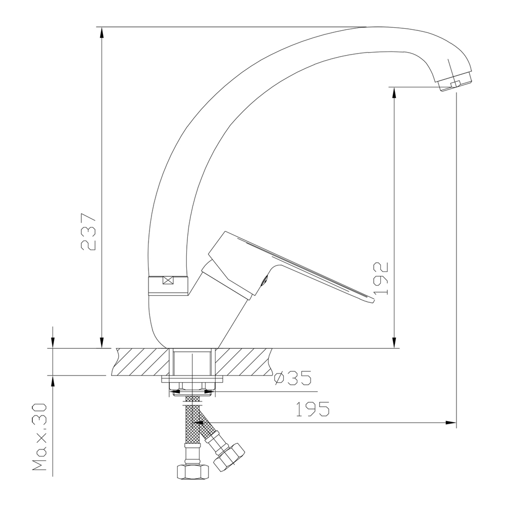 Смеситель для кухни 35k MIXLINE МЛ15-032(ML15-032)высокий излив б/отв боковая п/гайку (без подводки)