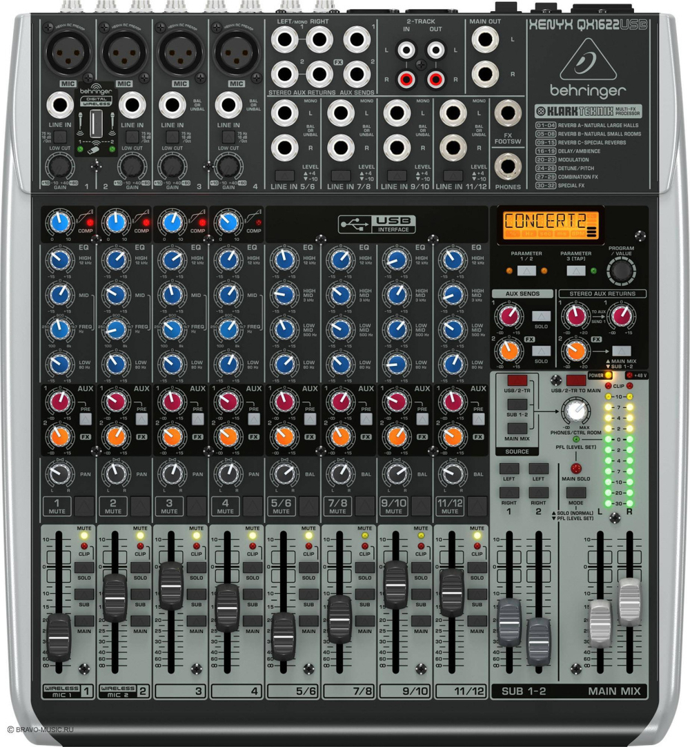 BEHRINGER QX1622USB микшер, 4 моновхода с компрессорами, 4 стерео, 2 AUX-шины, 2 подгруппы, процессор эффектов, USB