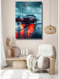 Картина BMW под дождём интерьерная 30х40см 1шт.