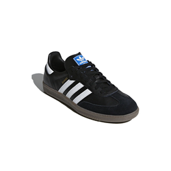 alt="Кроссовки adidas Samba OG арт. B75807 с черным замшевым Т-образным носком, белыми полосками и золотой надписью Samba вид спереди"