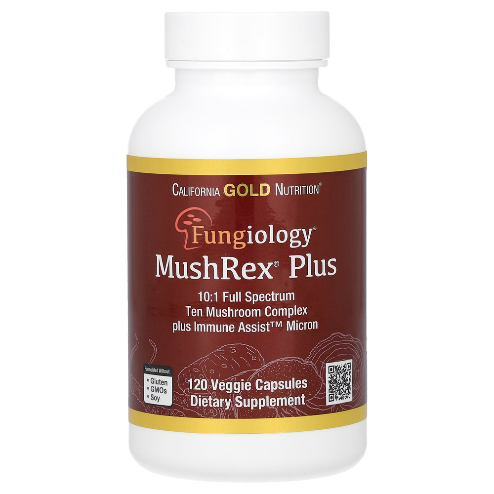California Gold Nutrition, Fungiology, MushRex Plus, комплекс из 10 грибов полного спектра с агариком, чагой, кордицепсом и ежовиком гребенчатым, 120 капсул Plantcaps