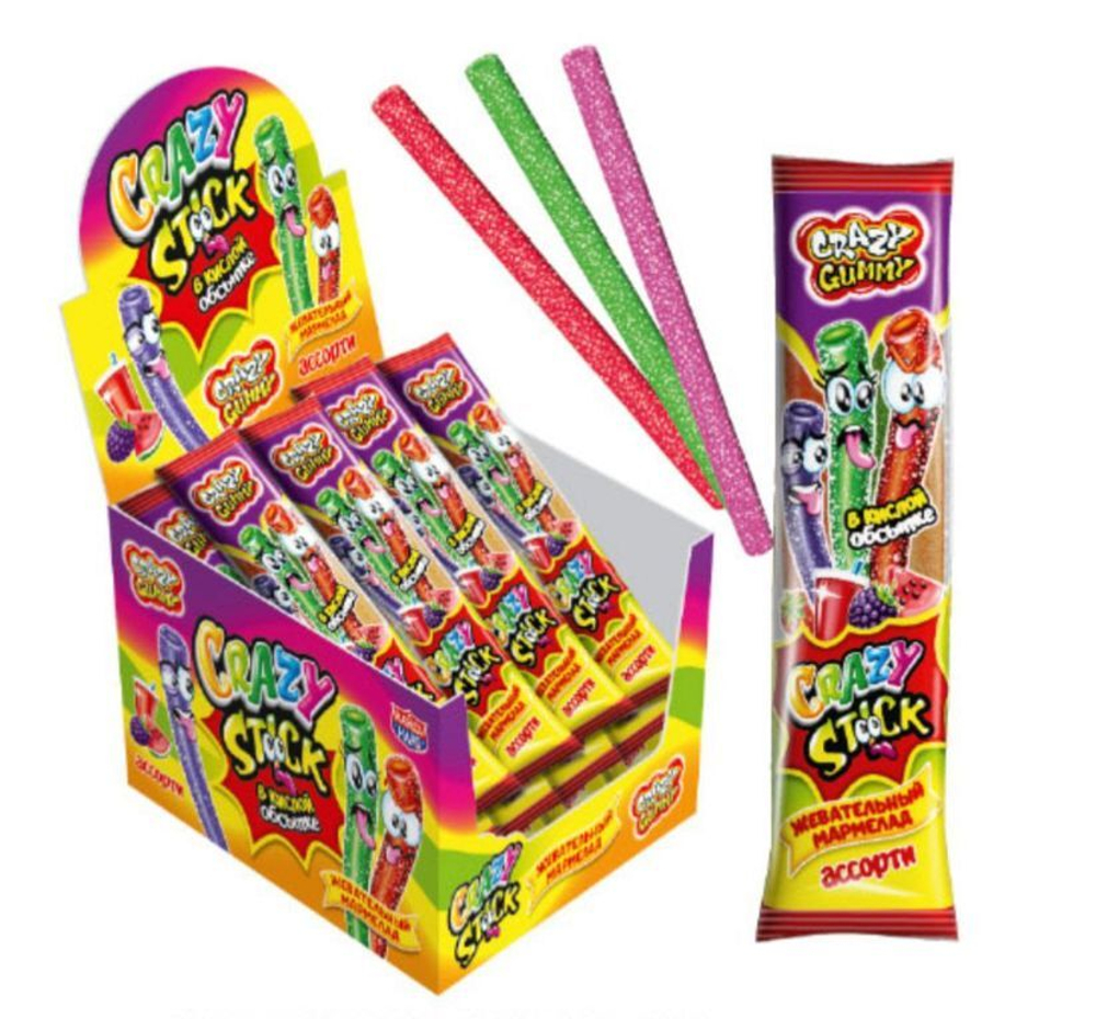Жевательный мармелад в кислой обсыпке «CRAZY GUMMY. CRAZY STICK» со вкусом лесных ягод 20гр*24шт*12