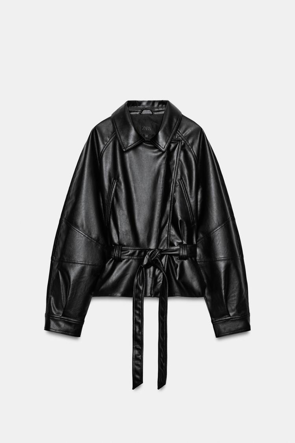 ZARA КУРТКА ИЗ ИСКУССТВЕННОЙ КОЖИ С ПОЯСОМ, ЧЕРНЫЙ