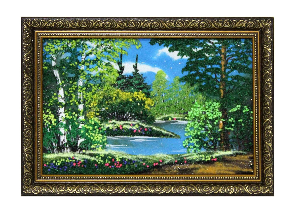 Картина№3 " Летний пейзаж" рисованная камнем в пластиковом багете 34.5-24.5см