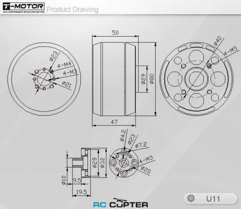 Чертёж двигателя T-Motor U11 KV90