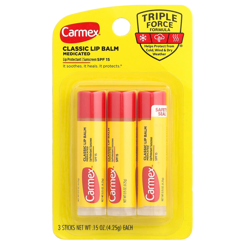Carmex, классический бальзам для губ, лечебный, SPF 15, 3 стика по 4,25 г (0,15 унции)