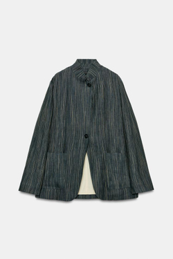 ZARA БЛЕЙЗЕР ИЗ ЛЬНА В ПОЛОСКУ — ZW COLLECTION, СЕРО-СИНИЙ