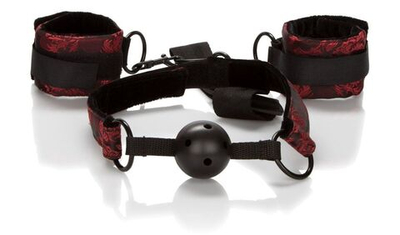 Кляп с наручниками Breathable Ball Gag With Cuffs (Цвет: черный с красным)